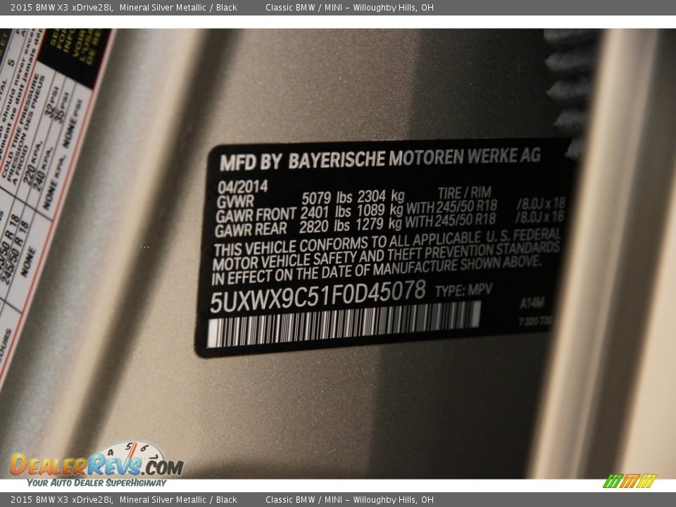 2015 BMW X3 xDrive28i Mineral Silver Metallic / Black Photo #20