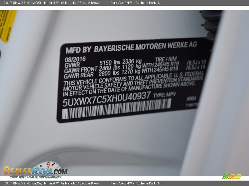 2017 BMW X3 xDrive35i Mineral White Metallic / Saddle Brown Photo #34