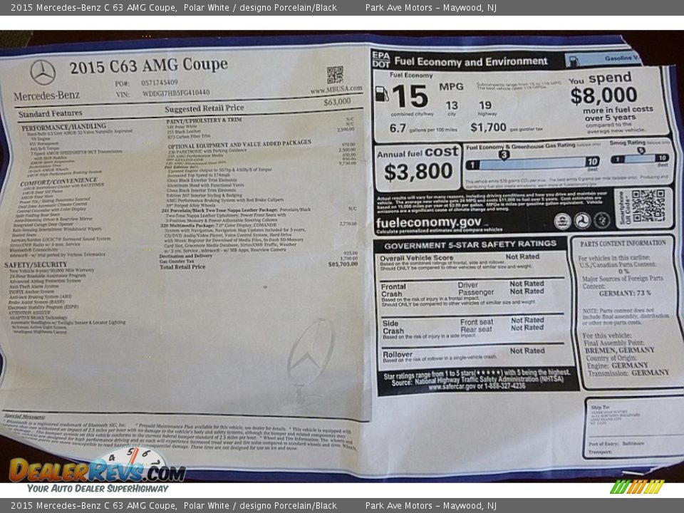 2015 Mercedes-Benz C 63 AMG Coupe Window Sticker Photo #30