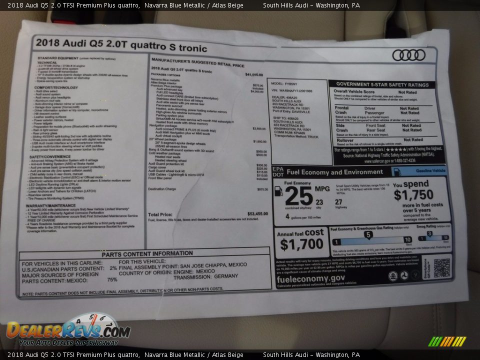 2018 Audi Q5 2.0 TFSI Premium Plus quattro Window Sticker Photo #8