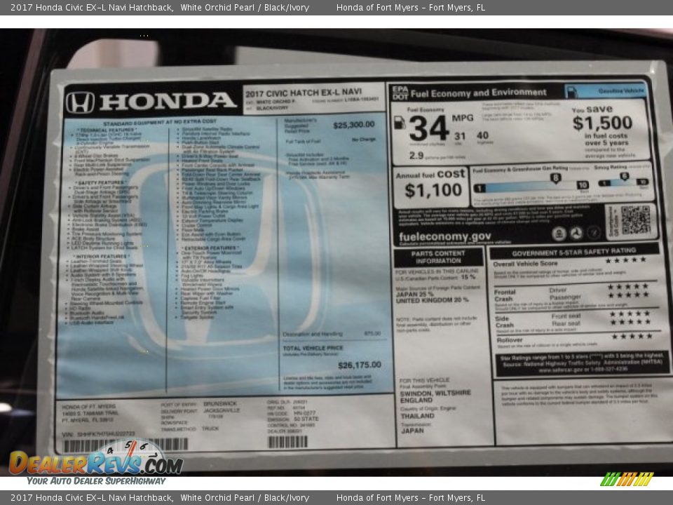 2017 Honda Civic EX-L Navi Hatchback White Orchid Pearl / Black/Ivory Photo #29