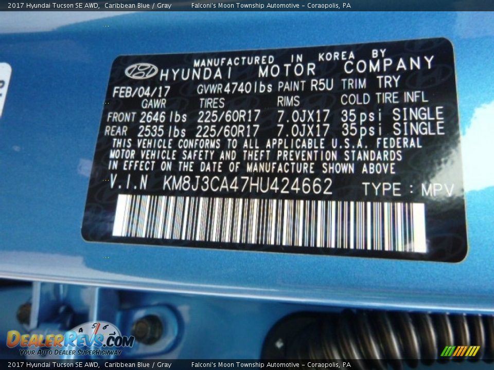 2017 Hyundai Tucson SE AWD Caribbean Blue / Gray Photo #12