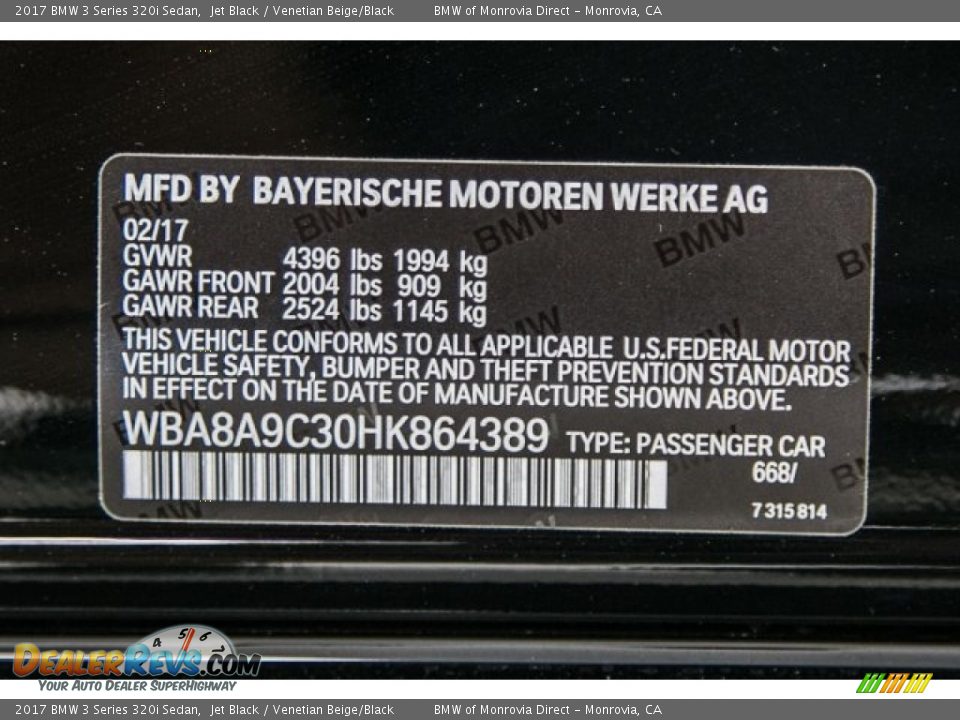 2017 BMW 3 Series 320i Sedan Jet Black / Venetian Beige/Black Photo #11