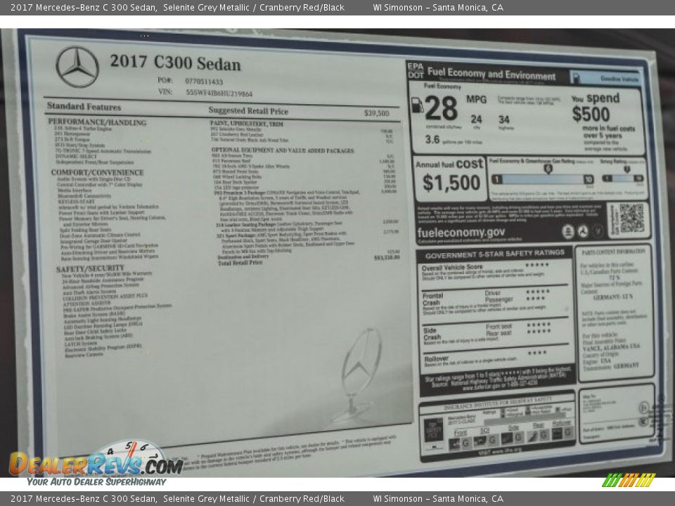 2017 Mercedes-Benz C 300 Sedan Selenite Grey Metallic / Cranberry Red/Black Photo #11