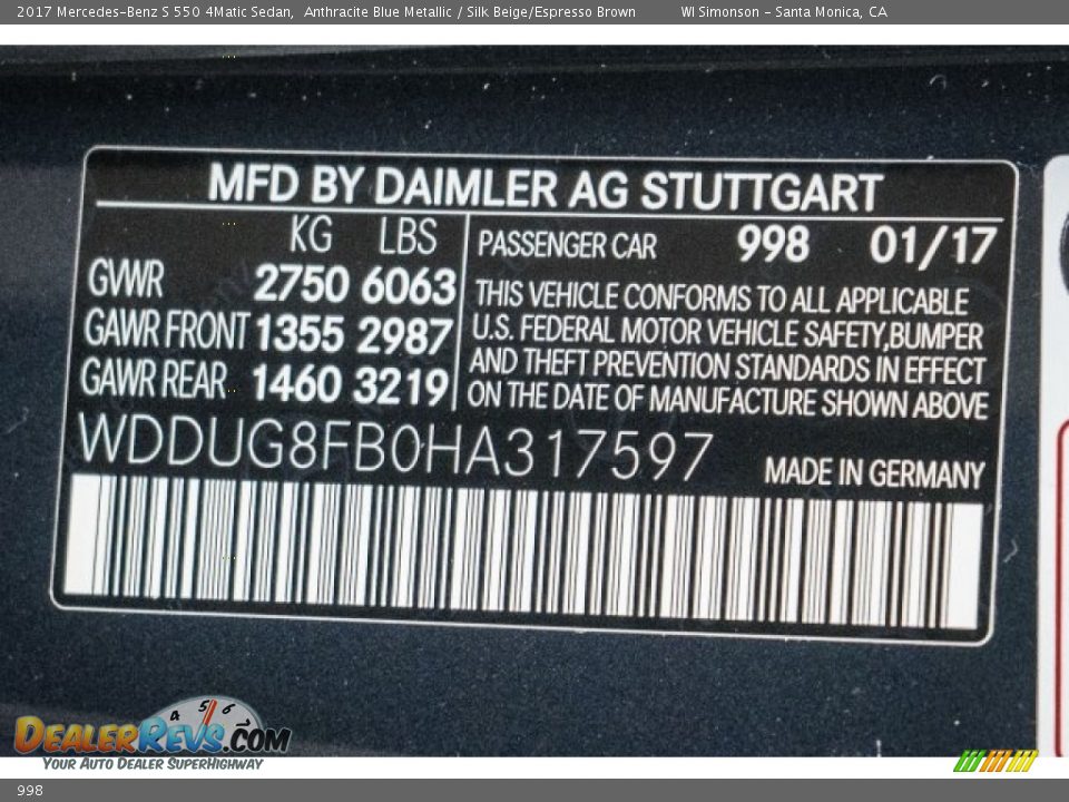 Mercedes-Benz Color Code 998 Anthracite Blue Metallic