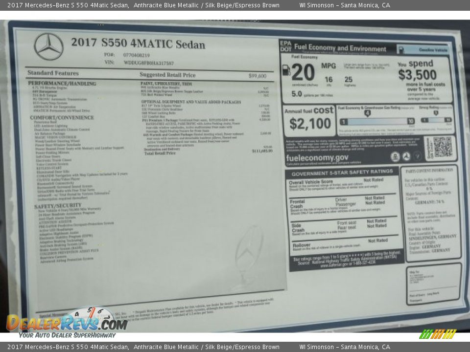 2017 Mercedes-Benz S 550 4Matic Sedan Window Sticker Photo #11