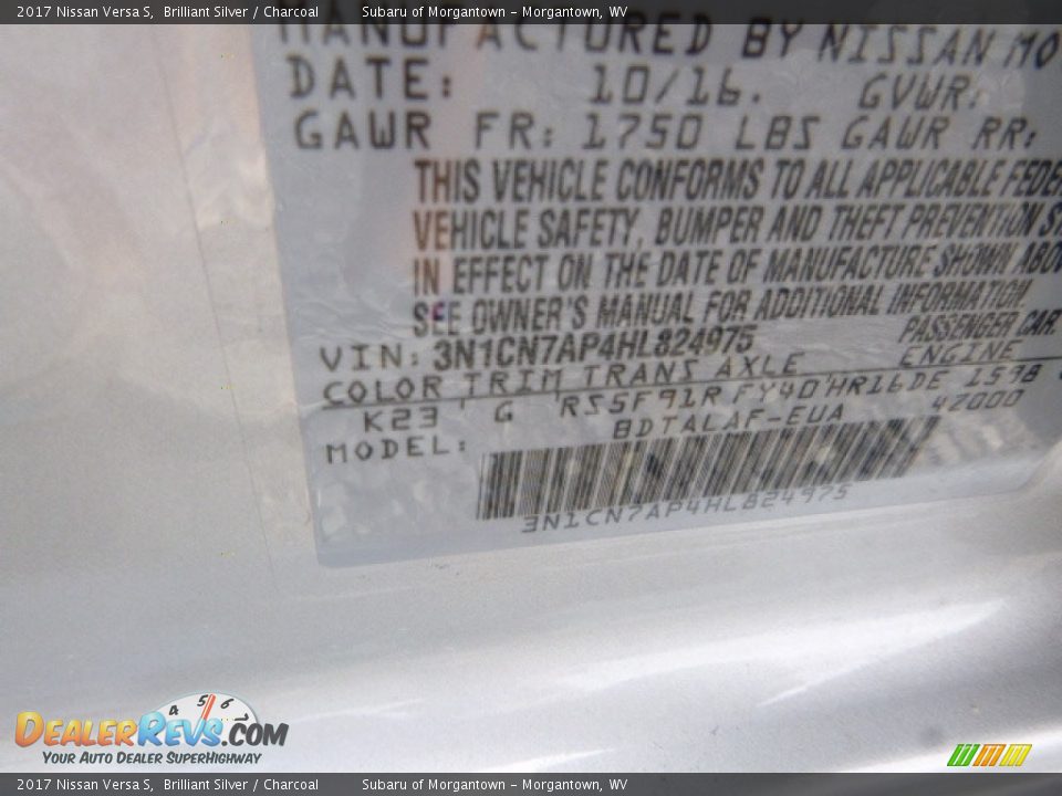 2017 Nissan Versa S Brilliant Silver / Charcoal Photo #17