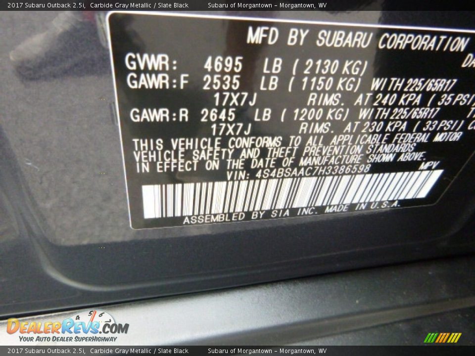 2017 Subaru Outback 2.5i Carbide Gray Metallic / Slate Black Photo #16