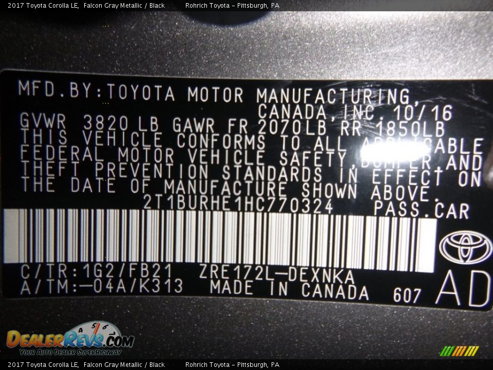 2017 Toyota Corolla LE Falcon Gray Metallic / Black Photo #10