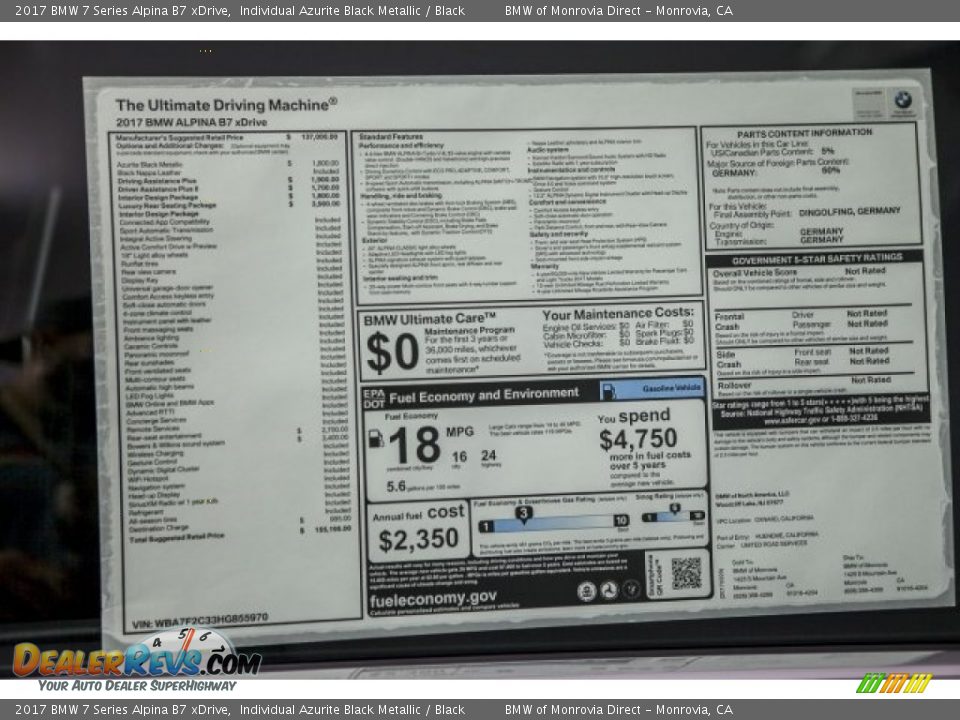 2017 BMW 7 Series Alpina B7 xDrive Window Sticker Photo #13