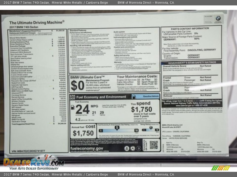 2017 BMW 7 Series 740i Sedan Mineral White Metallic / Canberra Beige Photo #10