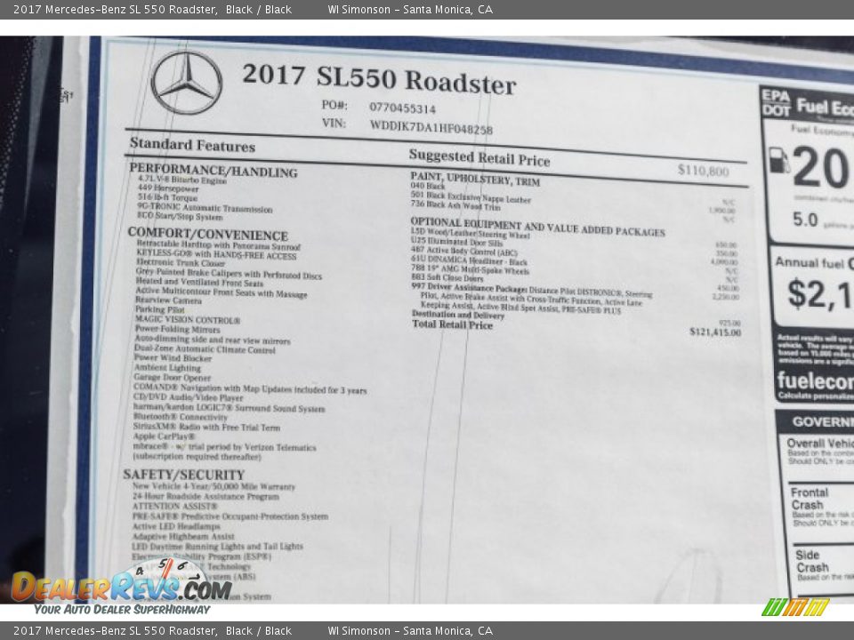 2017 Mercedes-Benz SL 550 Roadster Window Sticker Photo #10
