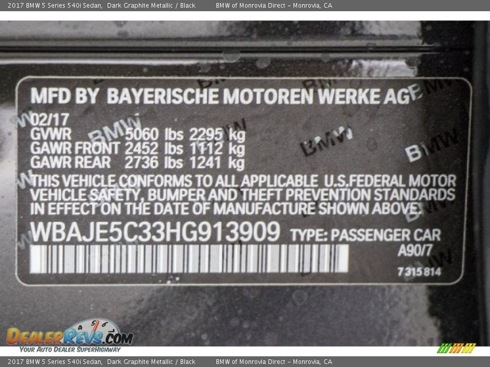 2017 BMW 5 Series 540i Sedan Dark Graphite Metallic / Black Photo #11