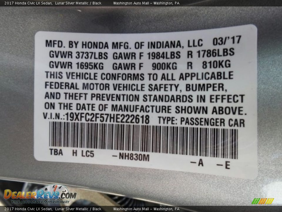 2017 Honda Civic LX Sedan Lunar Silver Metallic / Black Photo #8