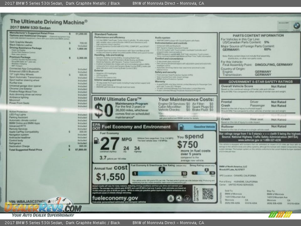 2017 BMW 5 Series 530i Sedan Dark Graphite Metallic / Black Photo #10