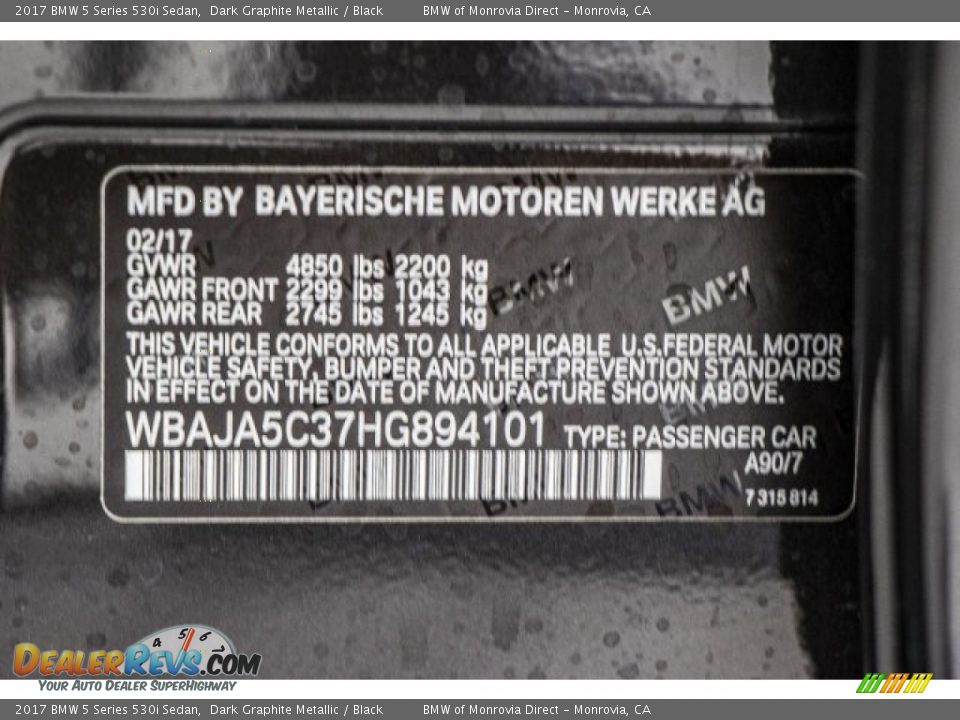 2017 BMW 5 Series 530i Sedan Dark Graphite Metallic / Black Photo #11