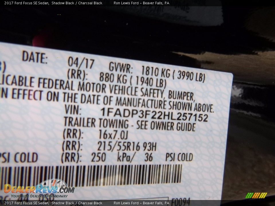 2017 Ford Focus SE Sedan Shadow Black / Charcoal Black Photo #15