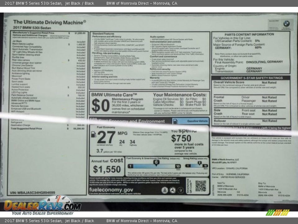 2017 BMW 5 Series 530i Sedan Jet Black / Black Photo #10