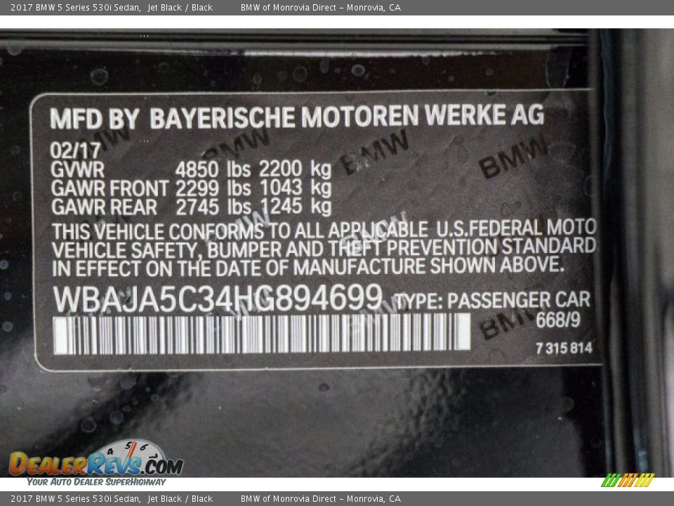 2017 BMW 5 Series 530i Sedan Jet Black / Black Photo #11