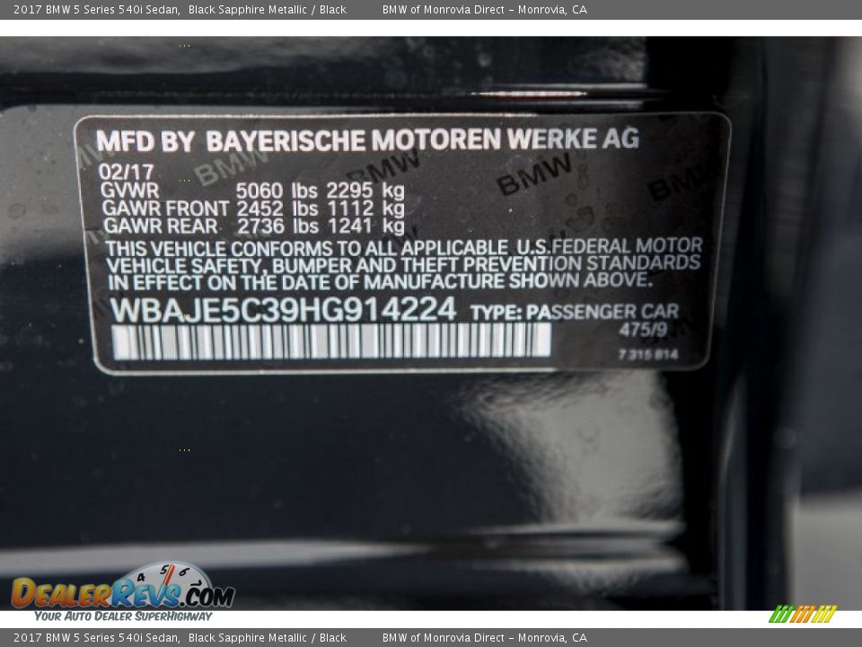 2017 BMW 5 Series 540i Sedan Black Sapphire Metallic / Black Photo #11
