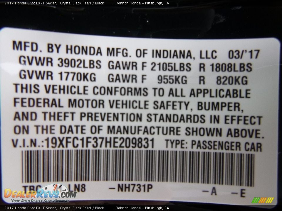 2017 Honda Civic EX-T Sedan Crystal Black Pearl / Black Photo #10