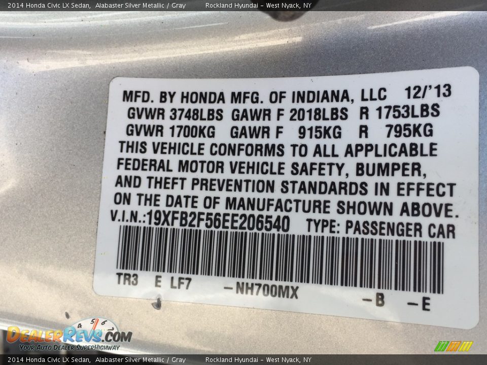 2014 Honda Civic LX Sedan Alabaster Silver Metallic / Gray Photo #31
