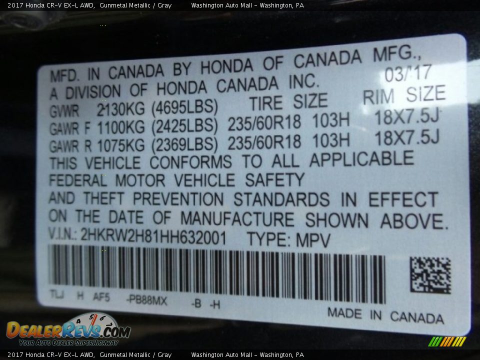 2017 Honda CR-V EX-L AWD Gunmetal Metallic / Gray Photo #8
