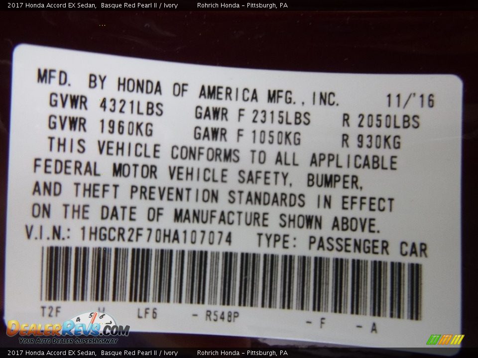 2017 Honda Accord EX Sedan Basque Red Pearl II / Ivory Photo #10