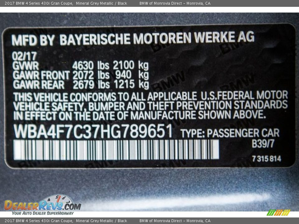 2017 BMW 4 Series 430i Gran Coupe Mineral Grey Metallic / Black Photo #11