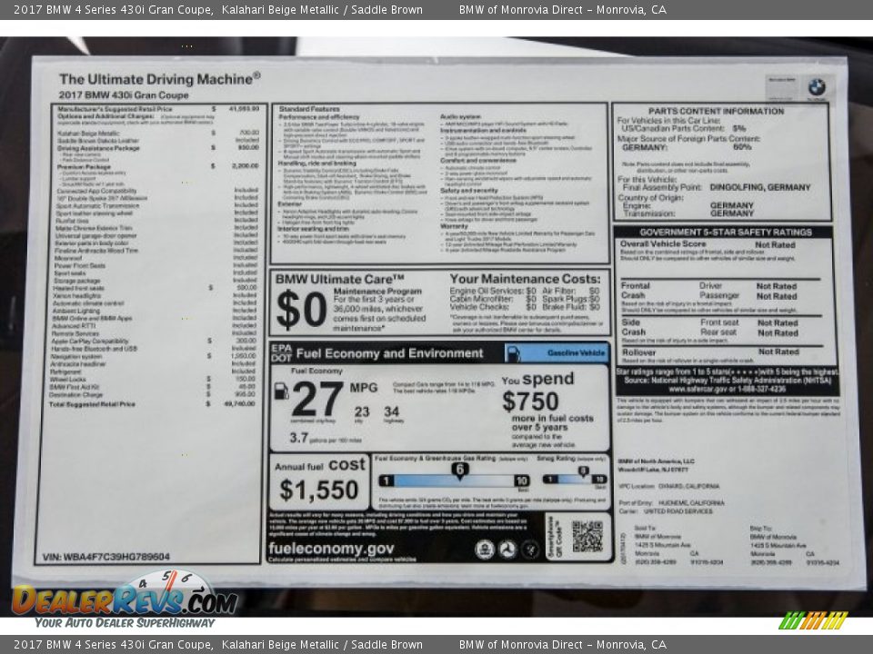 2017 BMW 4 Series 430i Gran Coupe Window Sticker Photo #10