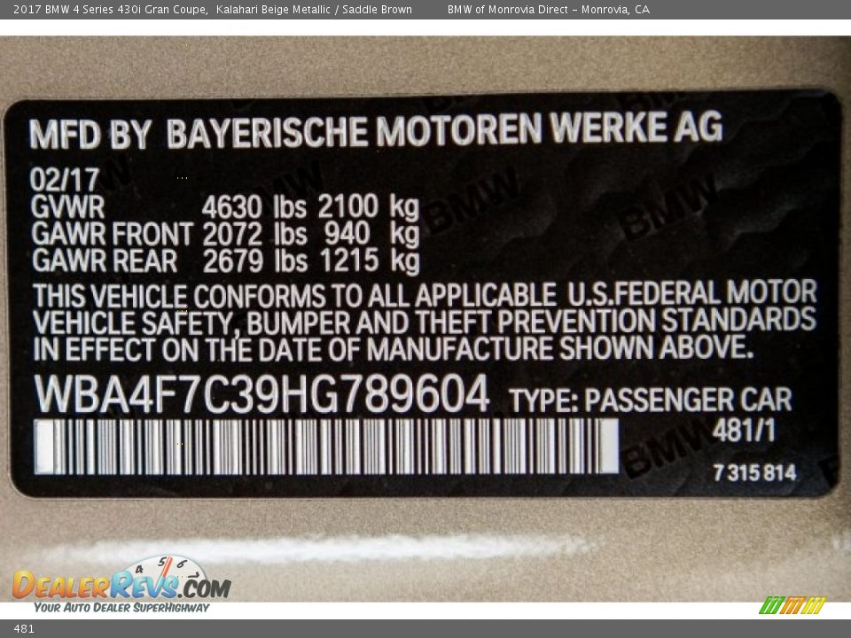 BMW Color Code 481 Kalahari Beige Metallic