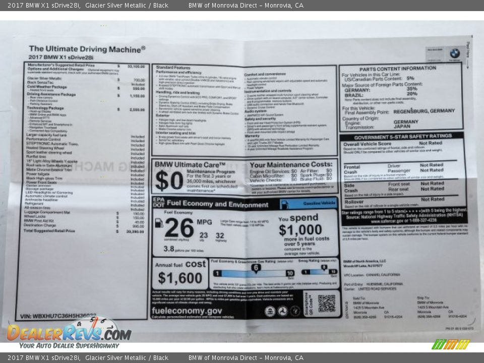 2017 BMW X1 sDrive28i Glacier Silver Metallic / Black Photo #10