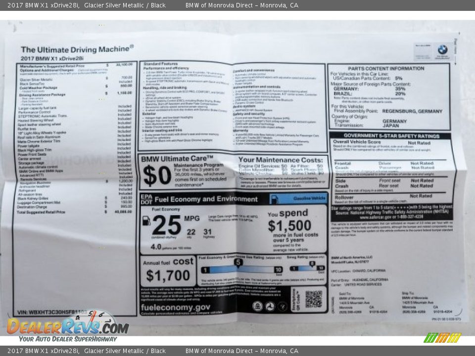 2017 BMW X1 xDrive28i Glacier Silver Metallic / Black Photo #10