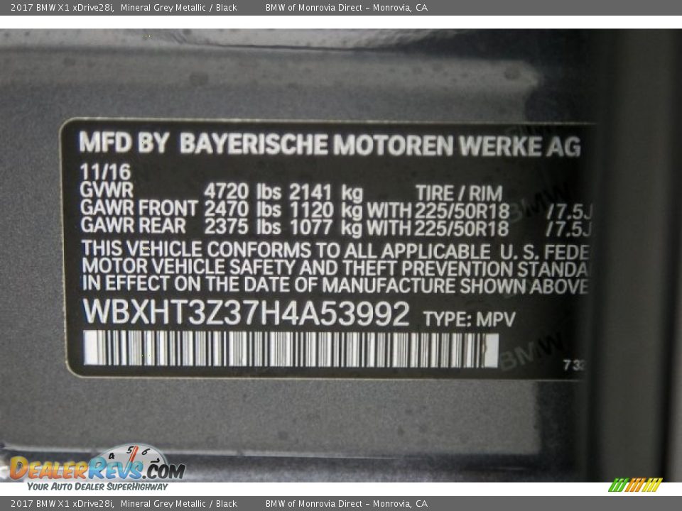 2017 BMW X1 xDrive28i Mineral Grey Metallic / Black Photo #11