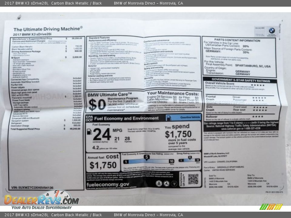 2017 BMW X3 sDrive28i Carbon Black Metallic / Black Photo #10