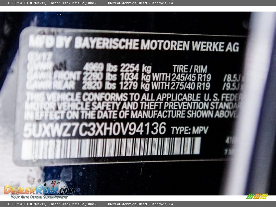 2017 BMW X3 sDrive28i Carbon Black Metallic / Black Photo #11
