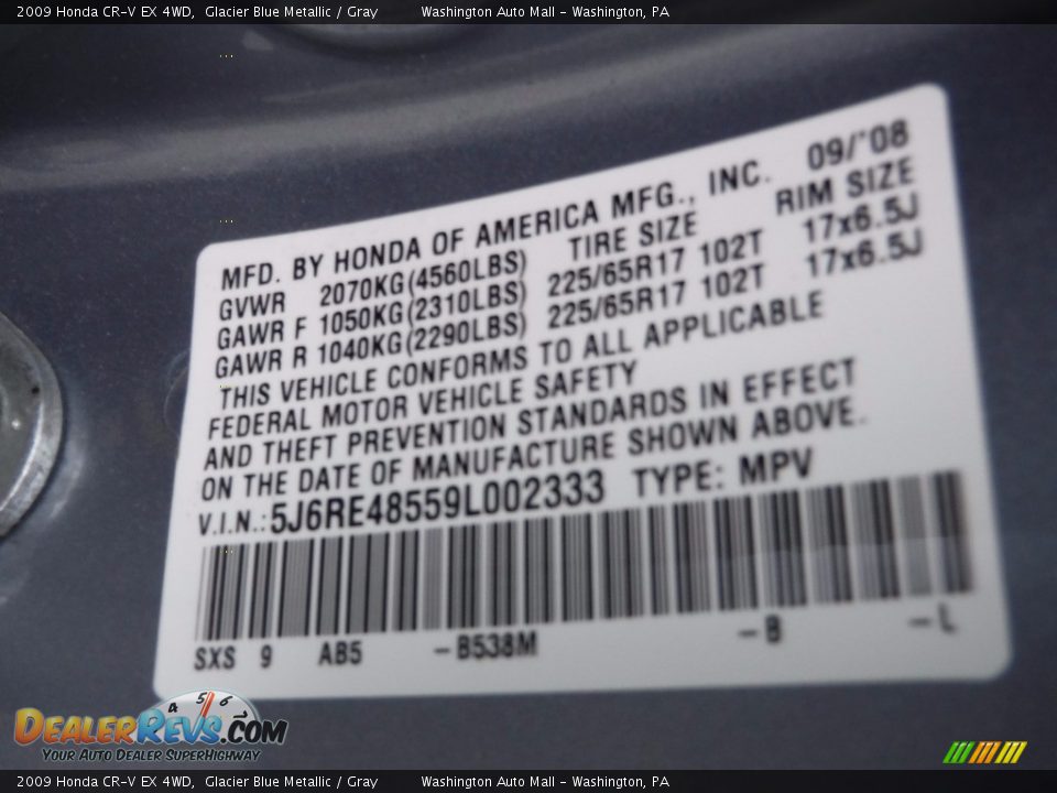 2009 Honda CR-V EX 4WD Glacier Blue Metallic / Gray Photo #19