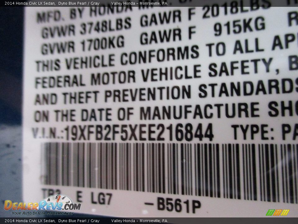 2014 Honda Civic LX Sedan Dyno Blue Pearl / Gray Photo #19