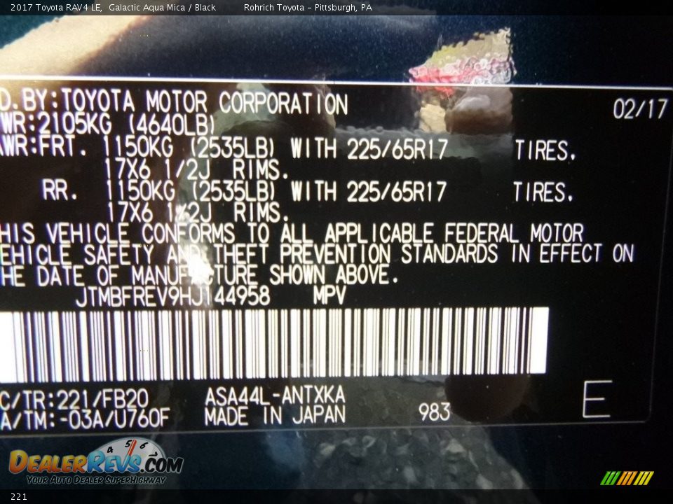 Toyota Color Code 221 Galactic Aqua Mica