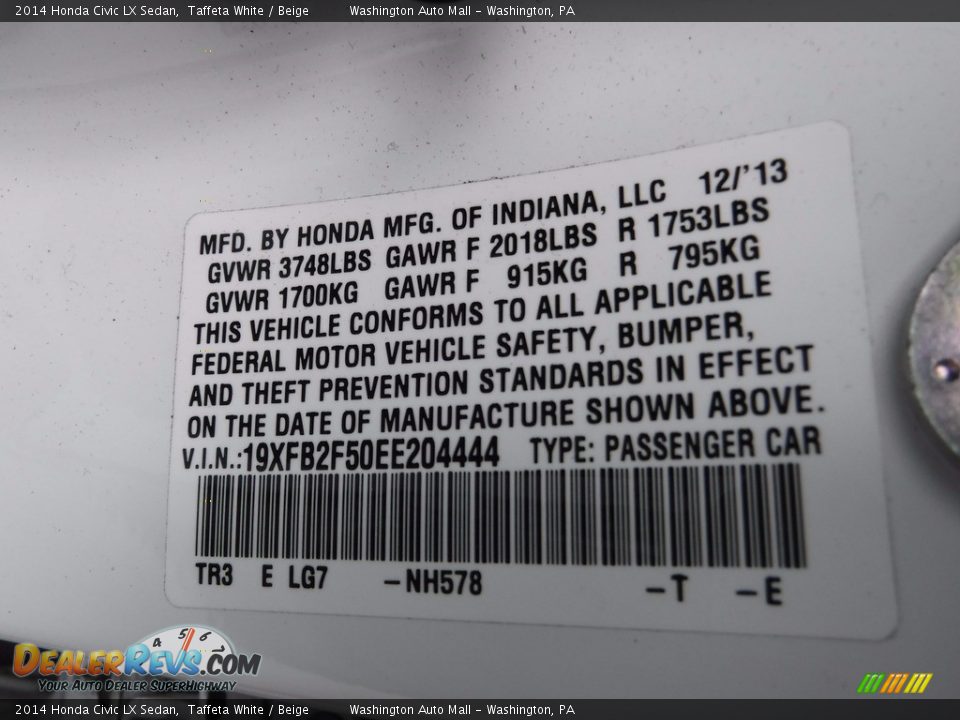 2014 Honda Civic LX Sedan Taffeta White / Beige Photo #24
