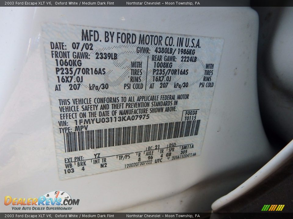 2003 Ford Escape XLT V6 Oxford White / Medium Dark Flint Photo #14
