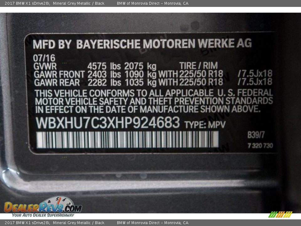 2017 BMW X1 sDrive28i Mineral Grey Metallic / Black Photo #7