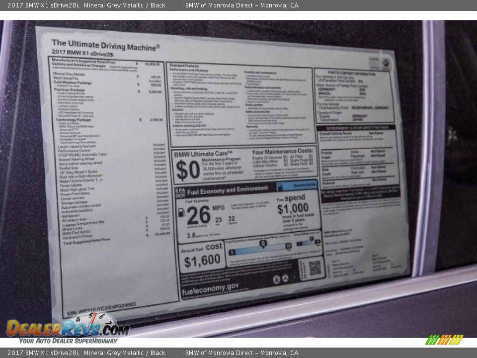 2017 BMW X1 sDrive28i Mineral Grey Metallic / Black Photo #11