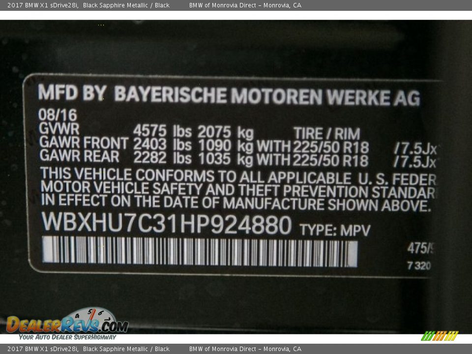 2017 BMW X1 sDrive28i Black Sapphire Metallic / Black Photo #10