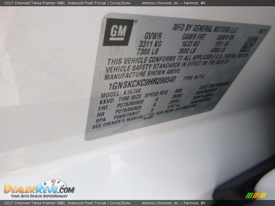 2017 Chevrolet Tahoe Premier 4WD Iridescent Pearl Tricoat / Cocoa/Dune Photo #17