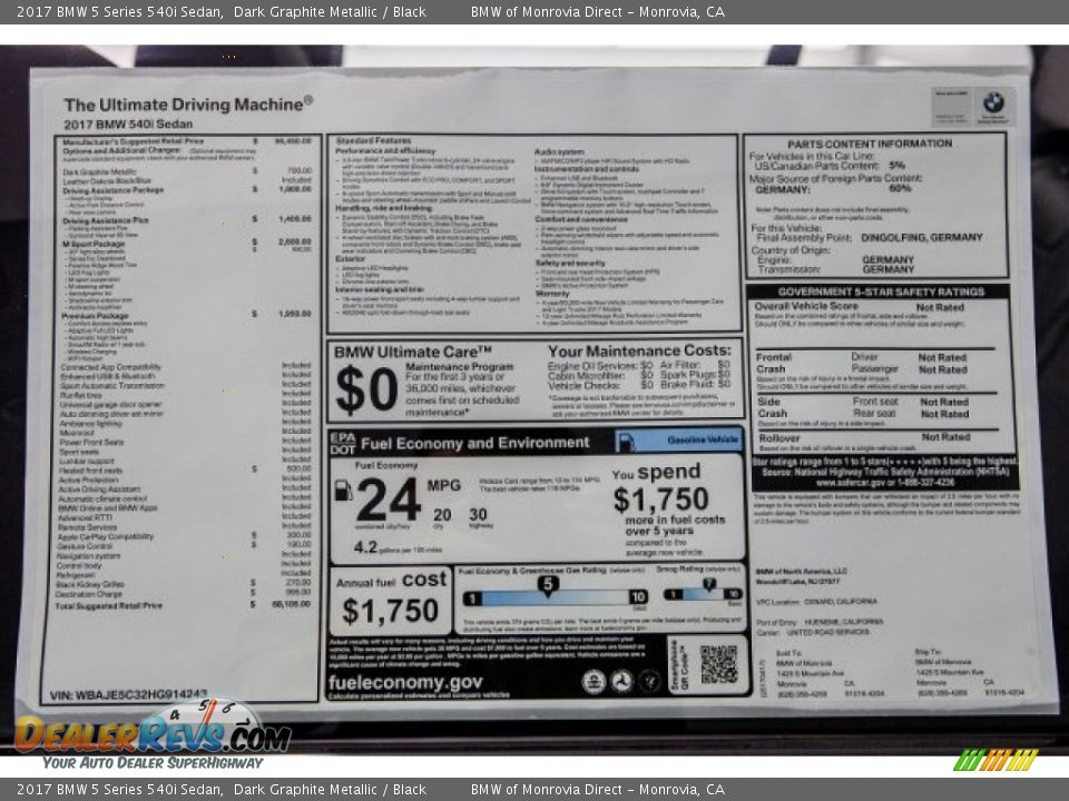 2017 BMW 5 Series 540i Sedan Dark Graphite Metallic / Black Photo #10