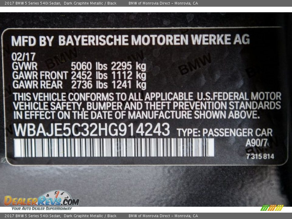 2017 BMW 5 Series 540i Sedan Dark Graphite Metallic / Black Photo #11