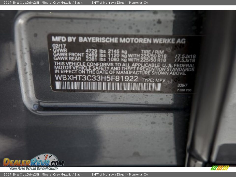 2017 BMW X1 xDrive28i Mineral Grey Metallic / Black Photo #10