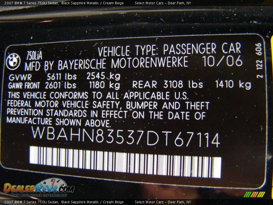 2007 BMW 7 Series 750Li Sedan Black Sapphire Metallic / Cream Beige Photo #16