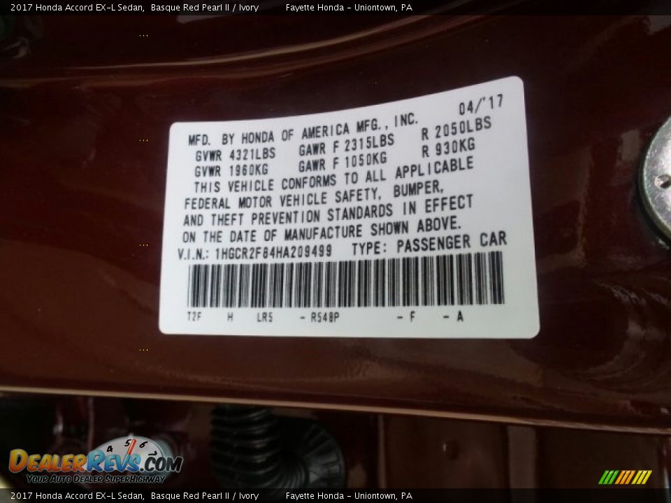 2017 Honda Accord EX-L Sedan Basque Red Pearl II / Ivory Photo #8